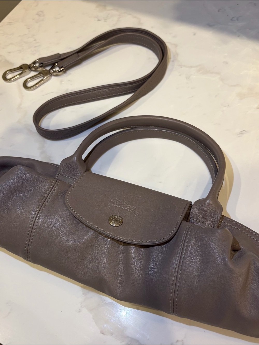 Leather Top-Handle Crossbody Bag in Taupe